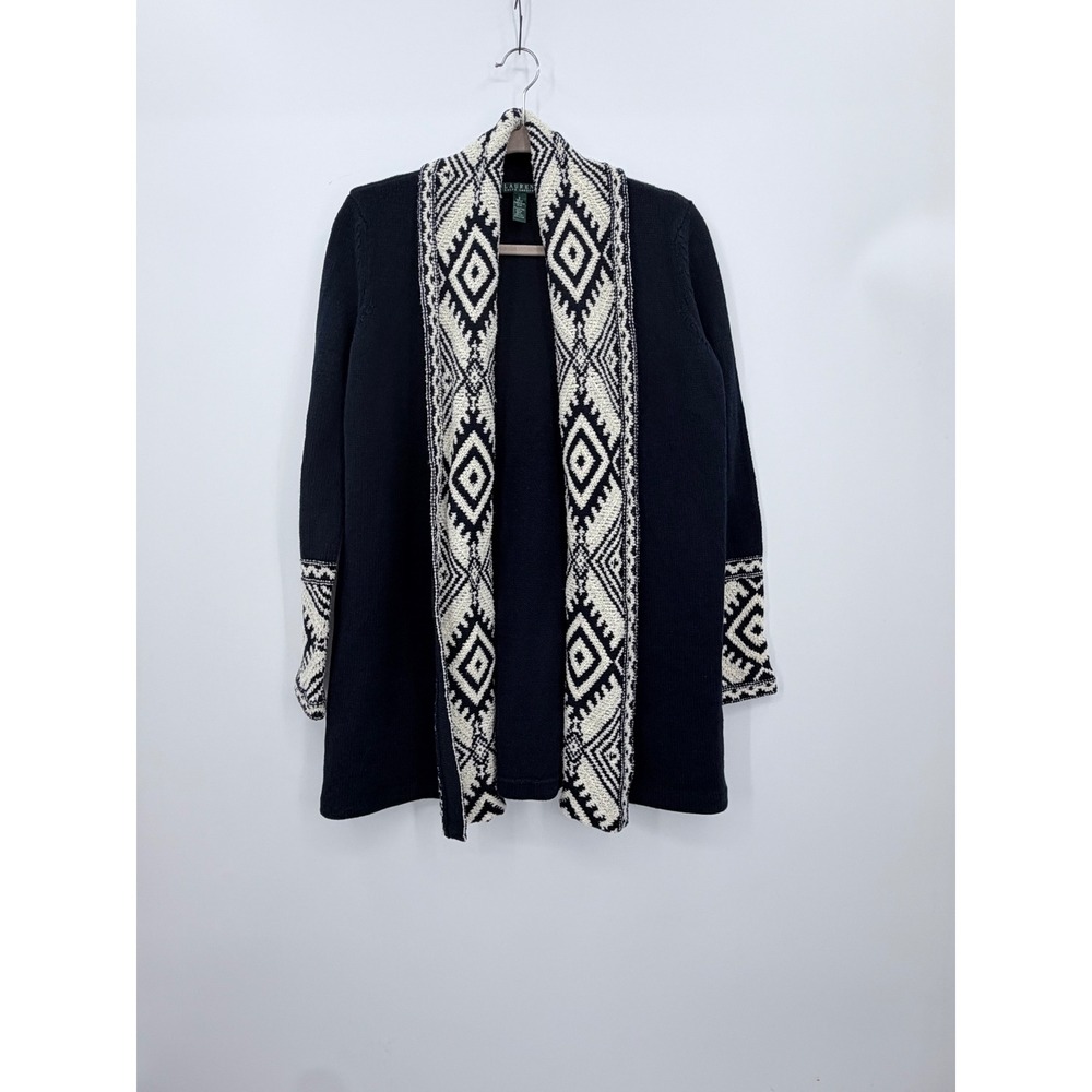 Lauren Ralph Lauren Cardigan Women Small Navy Blue Aztec Geometric Open Front